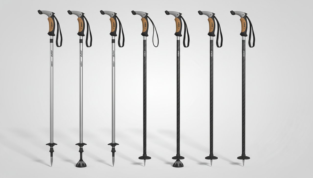 Differents modeles de batons de marche nordique en aluminium et carbone presentes cote a cote