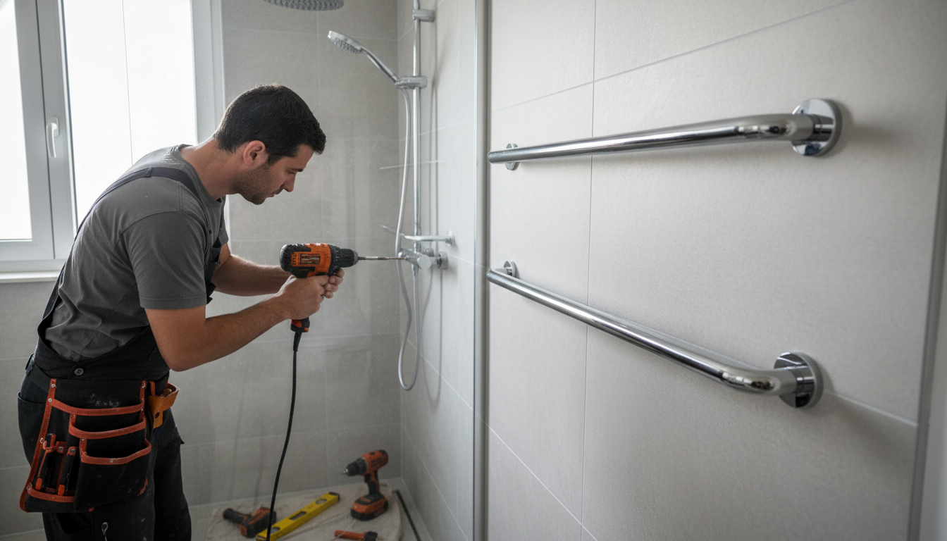 Douche italienne senior PMR barre appui siège rabattable salle de bain adaptée