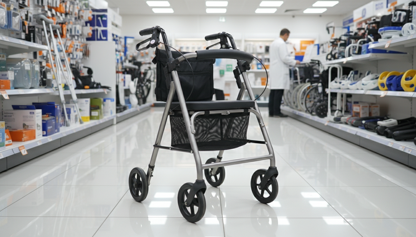 senior utilisant un rollator 4 roues en extérieur dans un parc