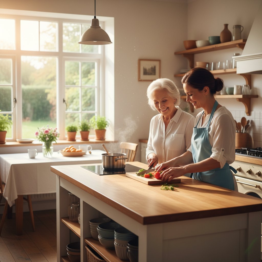 aide ménagère et personne âgée préparant le repas ensemble