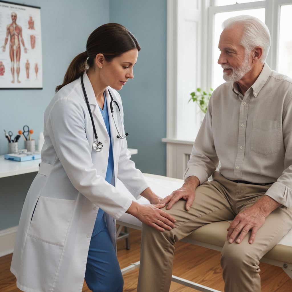 médecin examinant le genou d'un patient âgé