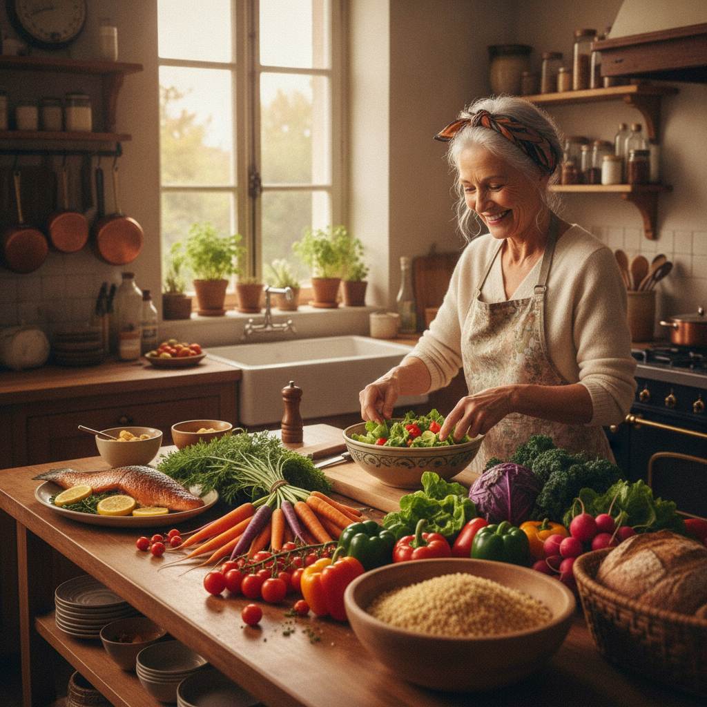 Senior préparant un repas équilibré riche en légumes après 60 ans