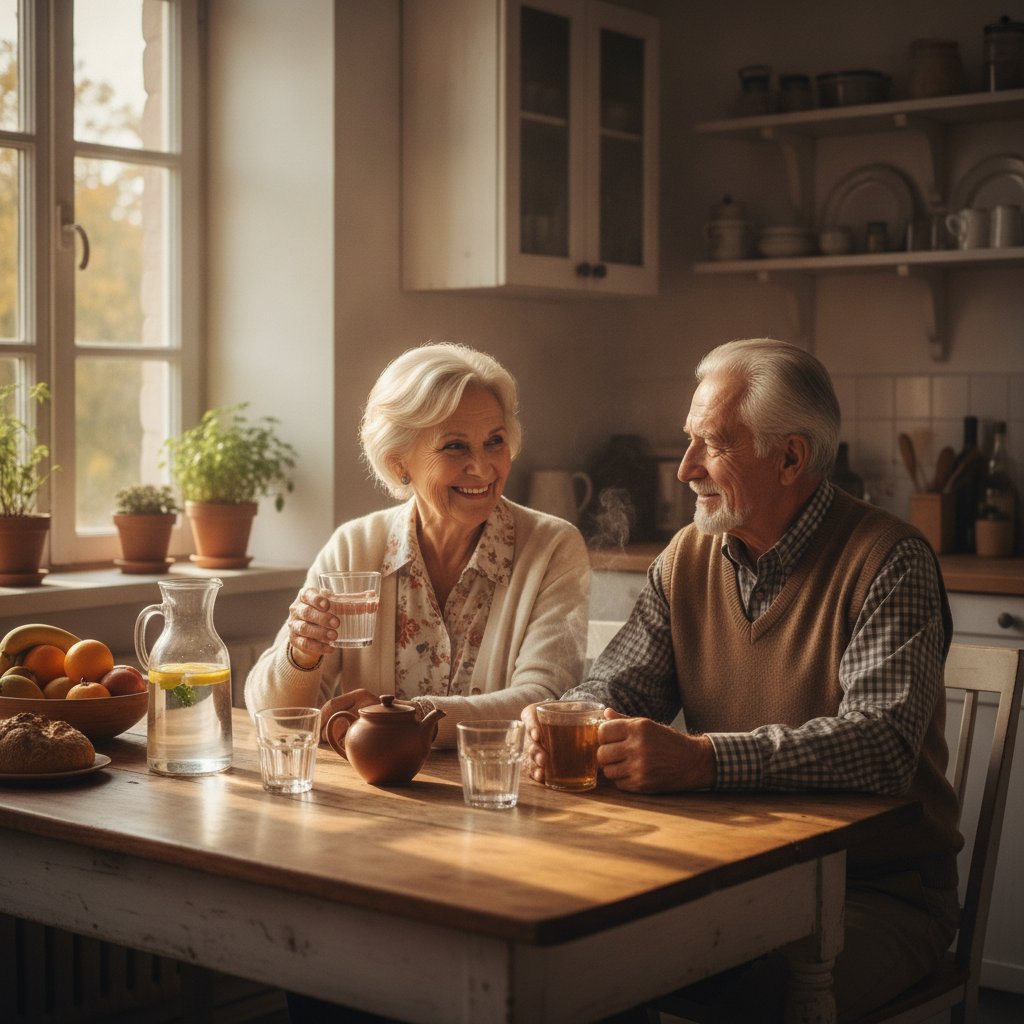 Couple de seniors s'hydratant avec de l'eau et une tisane