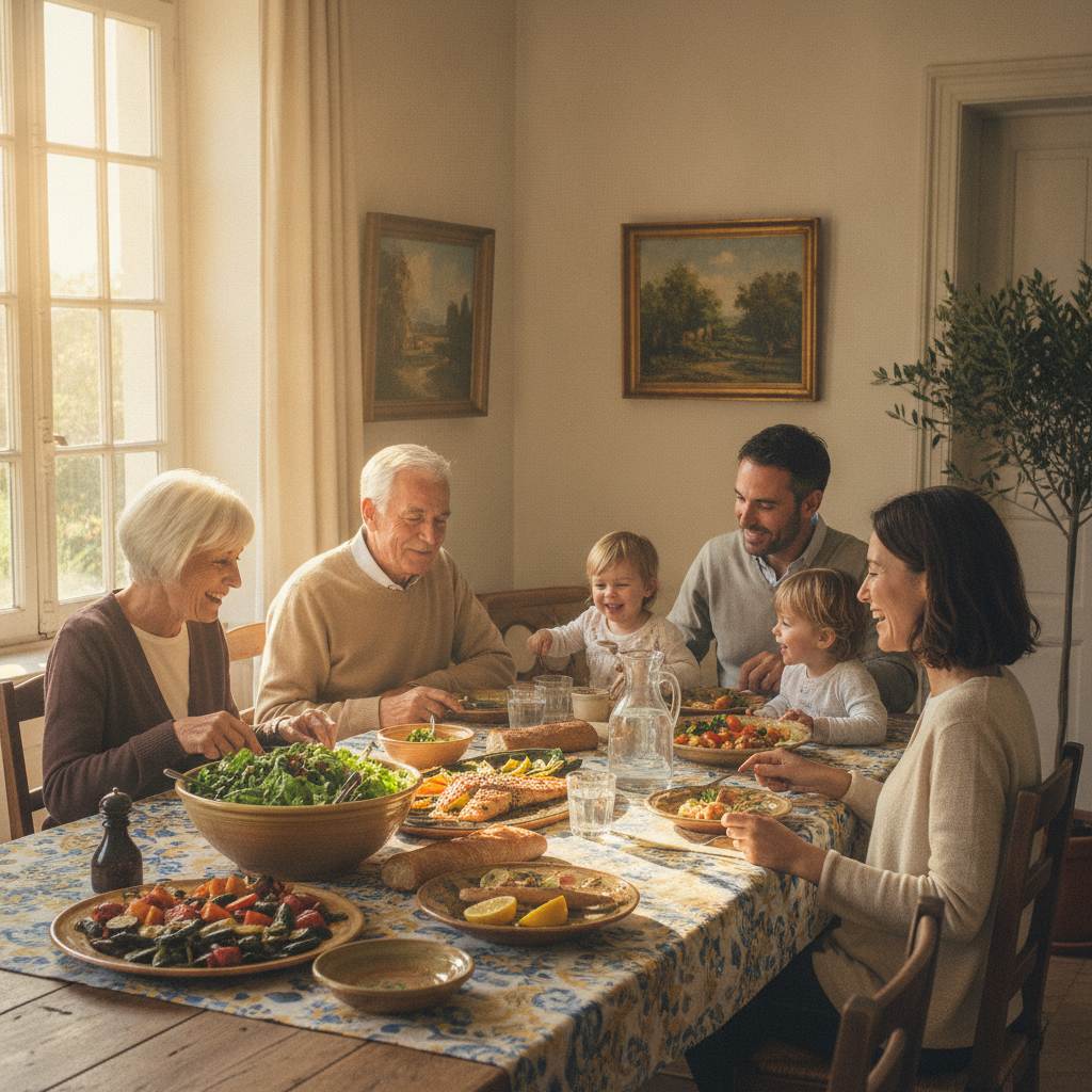 Repas familial partagé entre seniors et leurs enfants