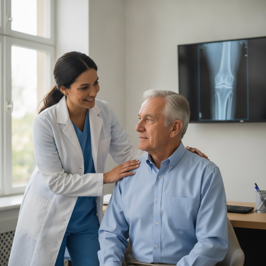 Consultation médicale bienveillante avec un rhumatologue pour l'arthrose du genou