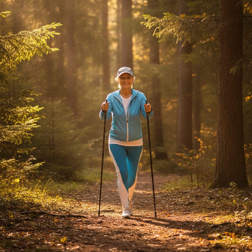 Senior active pratiquant la marche nordique pour rester en forme après 60 ans