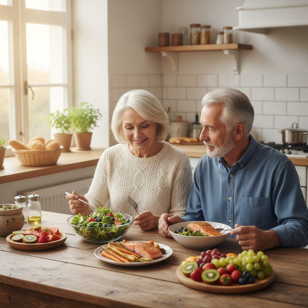 Couple senior profitant d'un repas sain et équilibré pour rester en forme après 60 ans