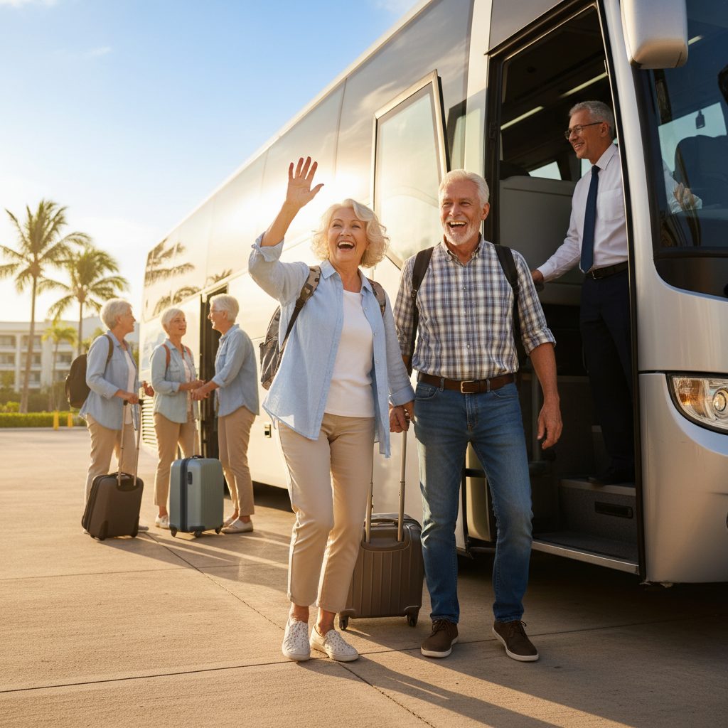 couple de seniors embarquant dans un bus pour voyage organisé pas cher