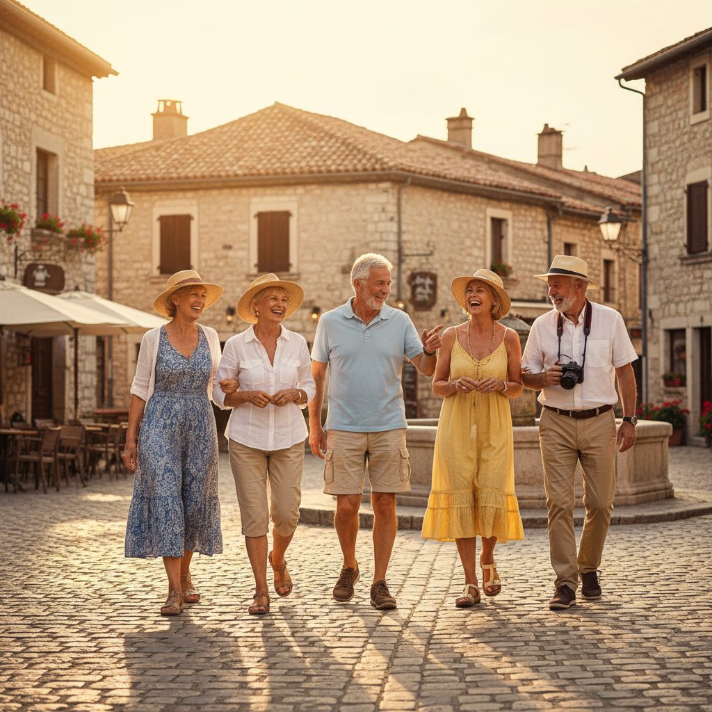 groupe de seniors en visite dans un village européen lors d'un voyage organisé