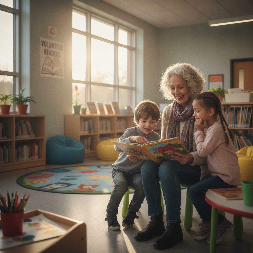 Bénévole retraitée faisant la lecture à des enfants en bibliothèque