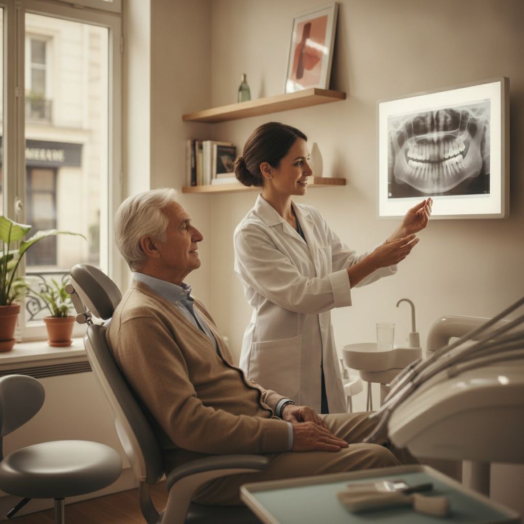 senior homme consultation dentiste cabinet moderne soins dentaires