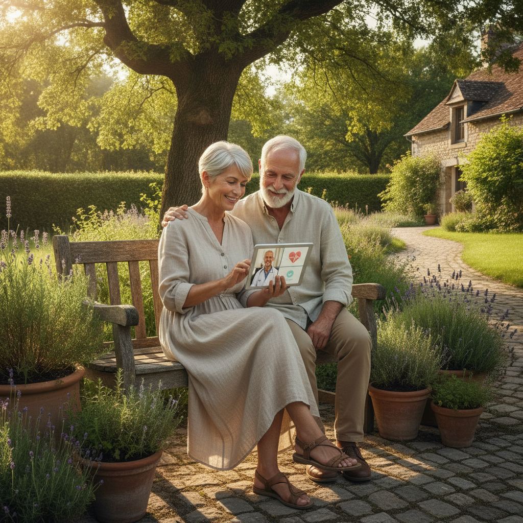couple senior tablette téléconsultation médicale jardin ensoleillé