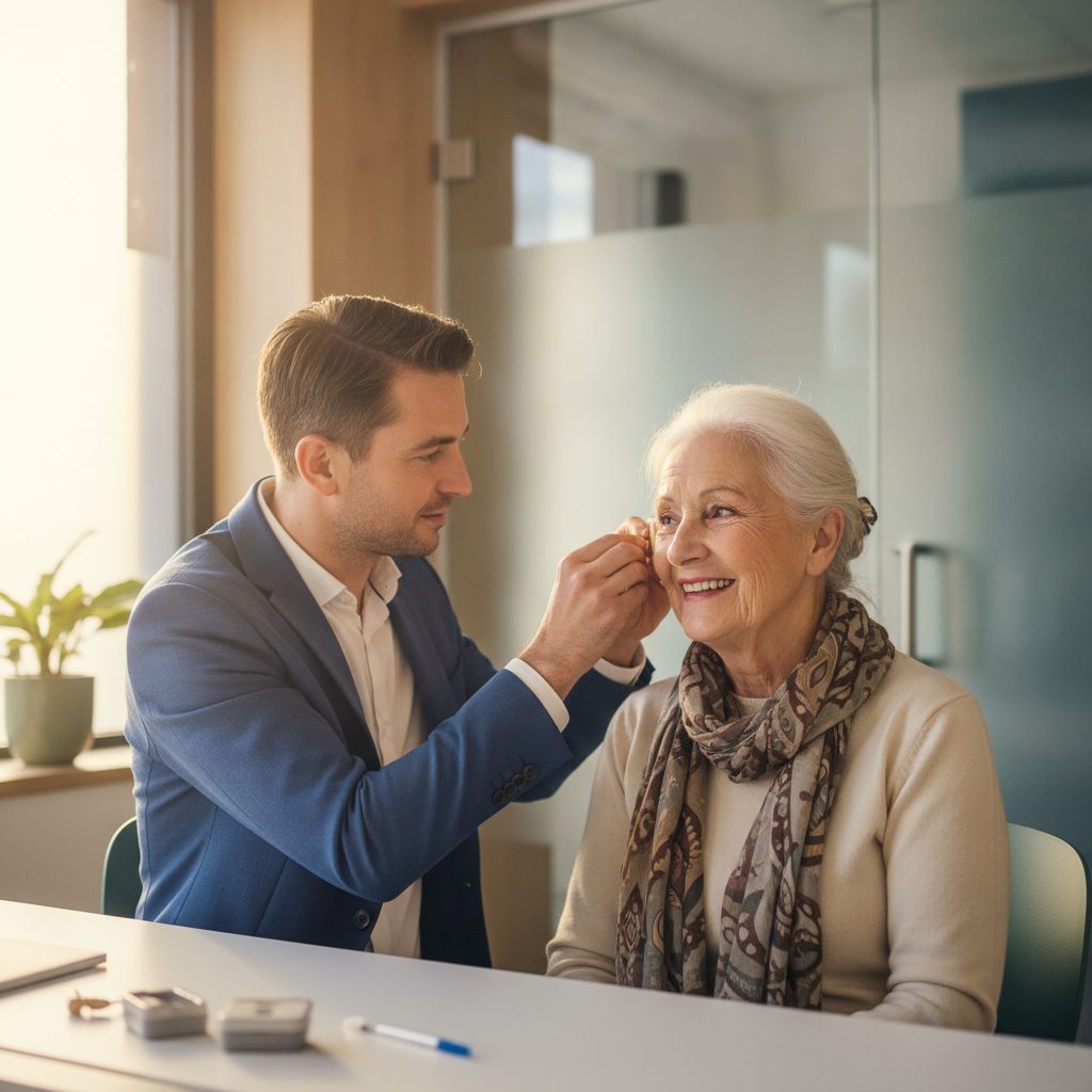 Audioprothésiste ajustant une aide auditive classe 1 sur une senior souriante