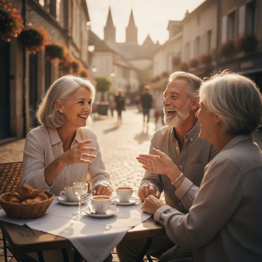 Couple de seniors actifs discutant en terrasse, la dame portant une aide auditive discrète