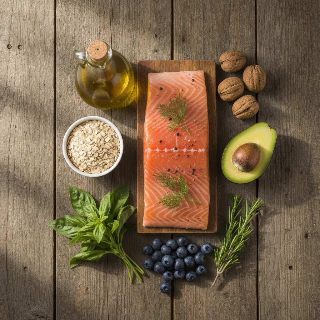 Aliments bons pour le cholestérol : huile d'olive, noix, saumon, avoine, avocat