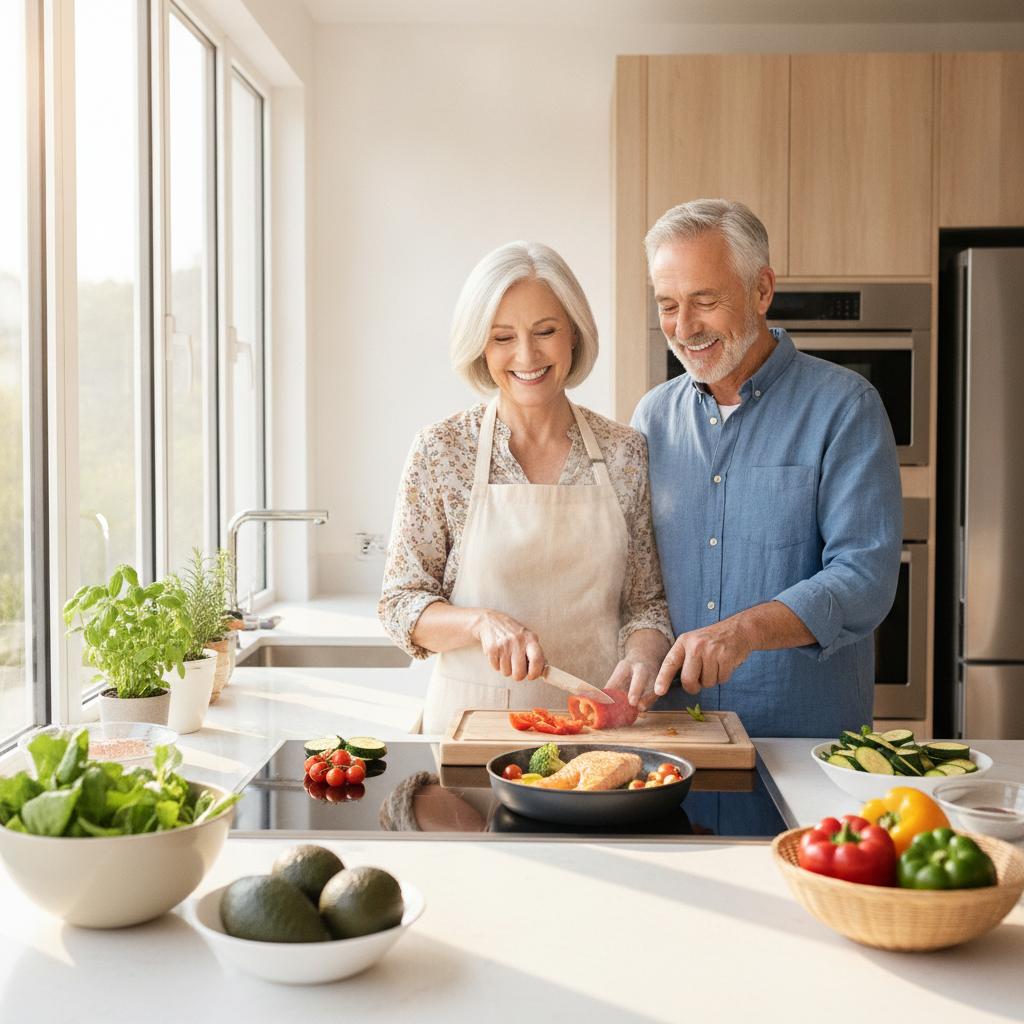 Couple senior préparant un repas sain riche en oméga-3 après 60 ans