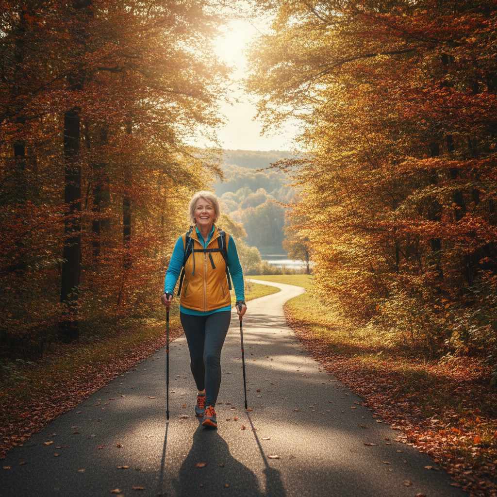 Femme senior active pratiquant la marche nordique en plein air pour son cholestérol