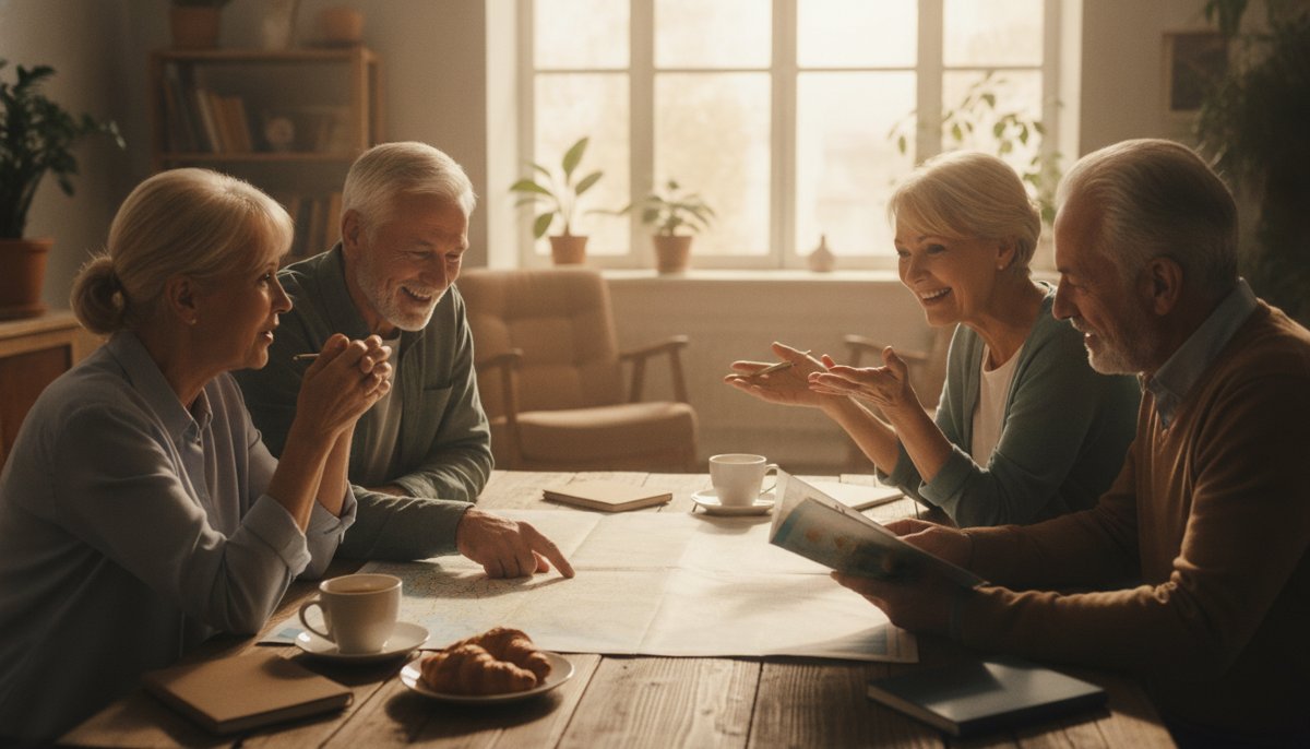 groupe de seniors discutant autour d une carte pour preparer un voyage