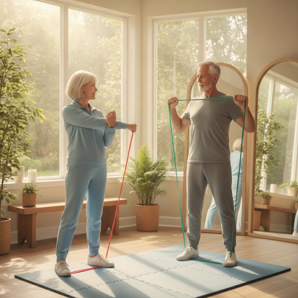 couple senior exercices avec élastique de résistance