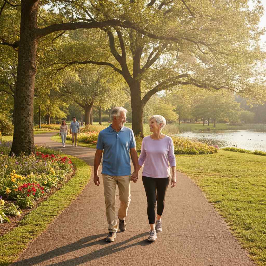 Couple senior actif marchant en extérieur pour préserver ses articulations