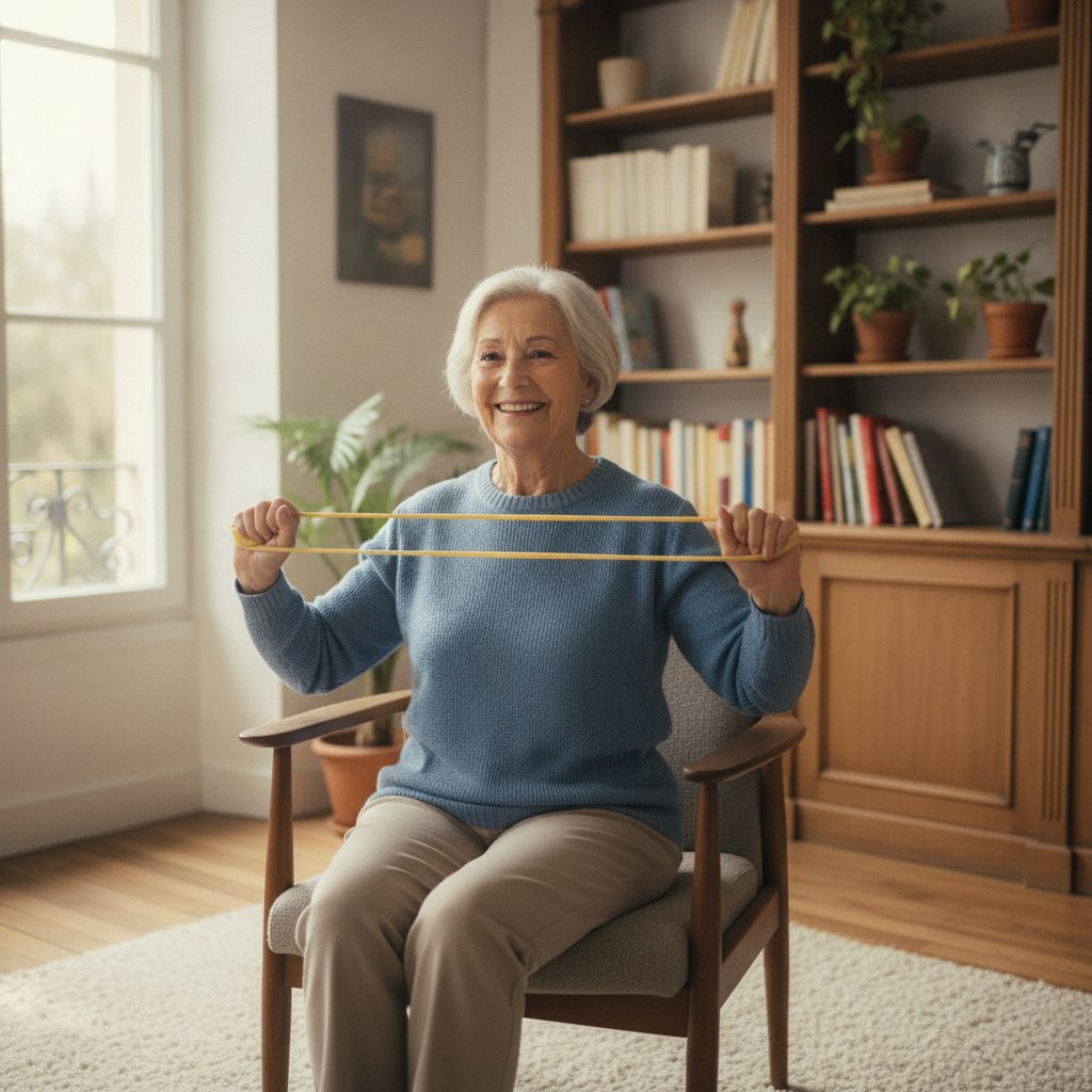 Femme senior s'exerçant avec une bande élastique assise sur une chaise à domicile