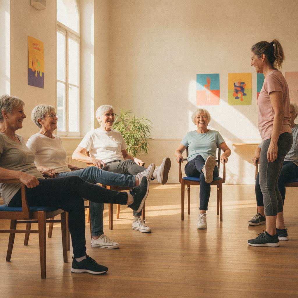 Cours collectif de gym douce senior sur chaise avec animatrice en salle associative