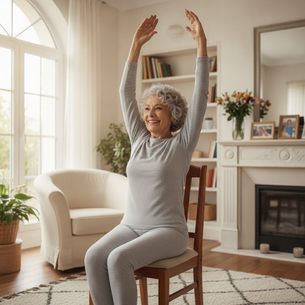 Femme senior faisant de la gym douce sur chaise avec élévations de bras dans son salon