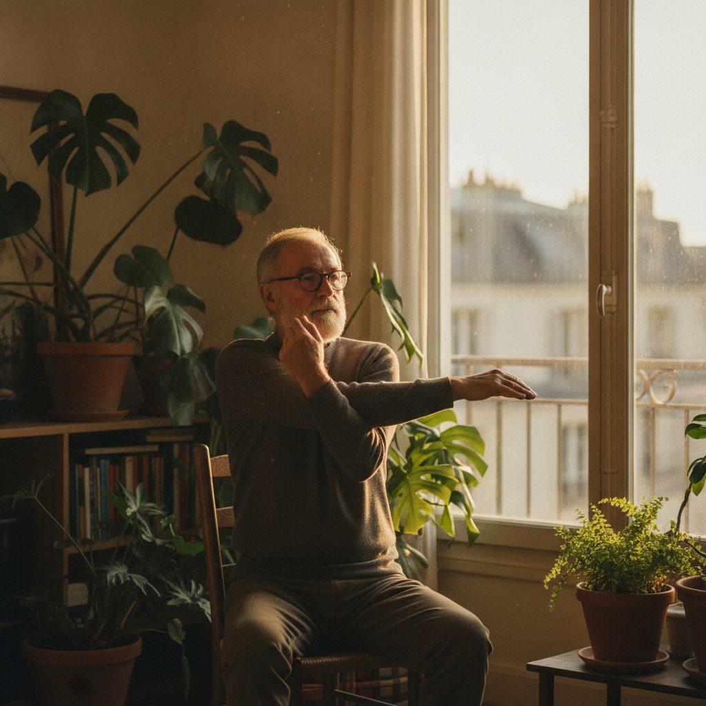 Homme senior réalisant un étirement d'épaule assis sur une chaise près d'une fenêtre