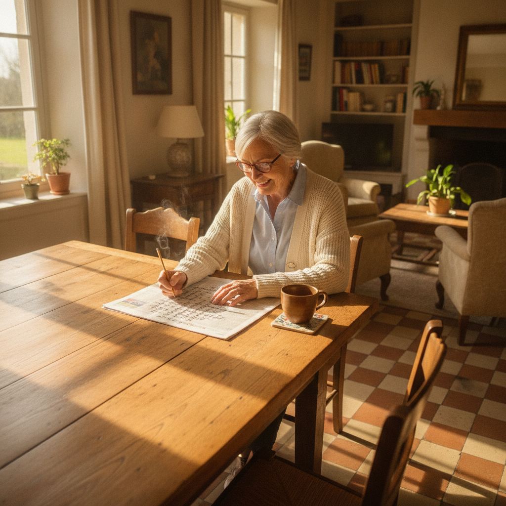 Senior faisant des mots croisés à domicile pour entretenir sa mémoire après 60 ans