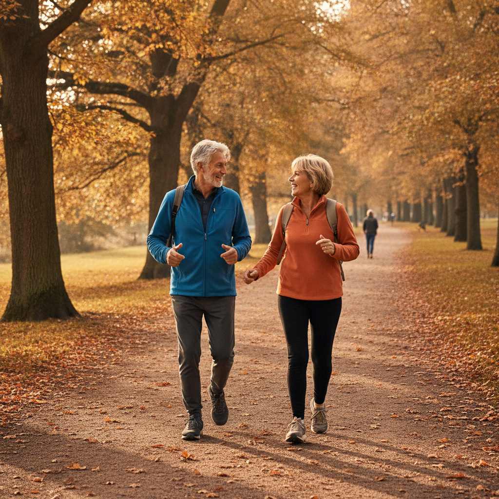Couple de seniors marchant en forêt, activité physique bénéfique pour la mémoire