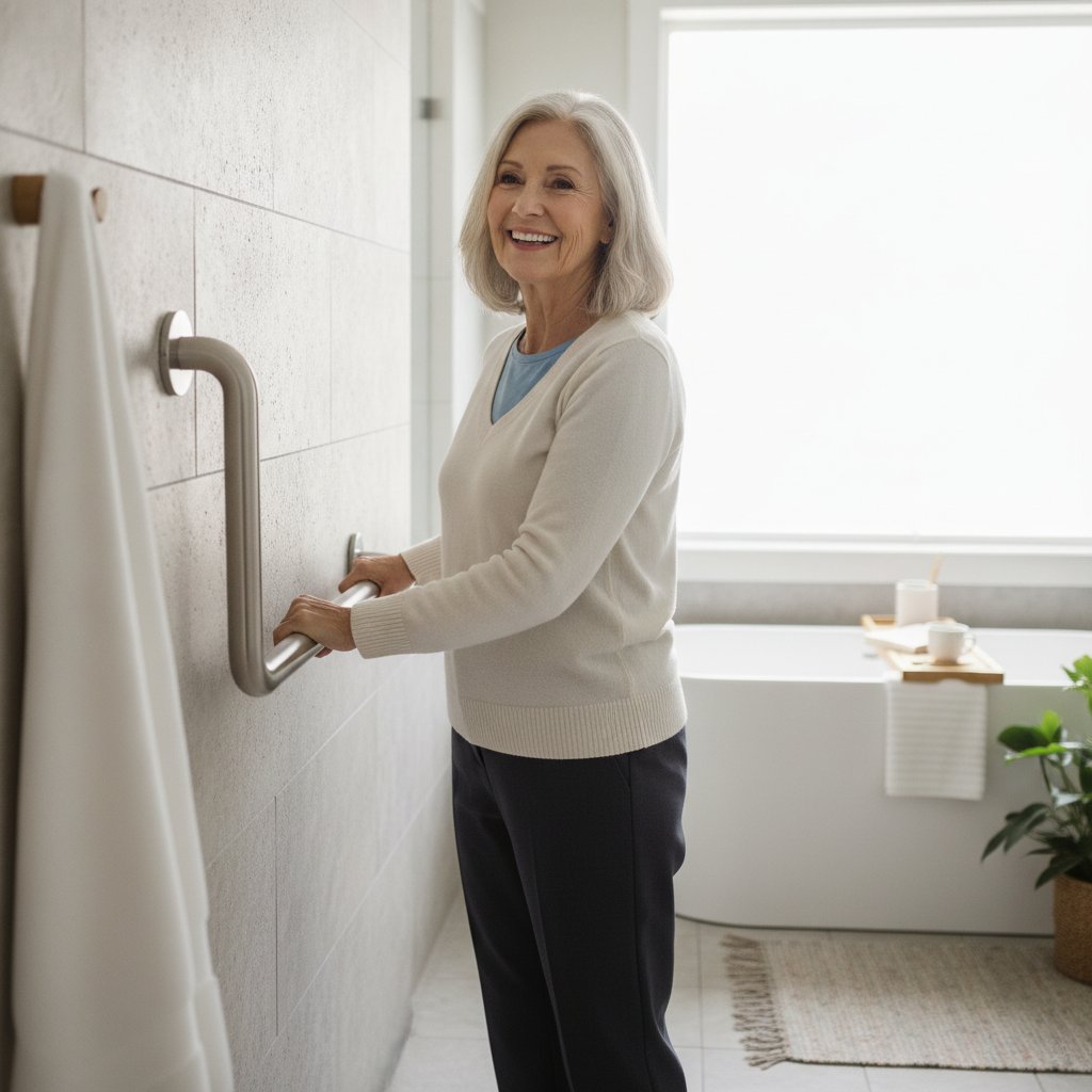 Senior souriante tenant une barre d'appui dans une salle de bain lumineuse