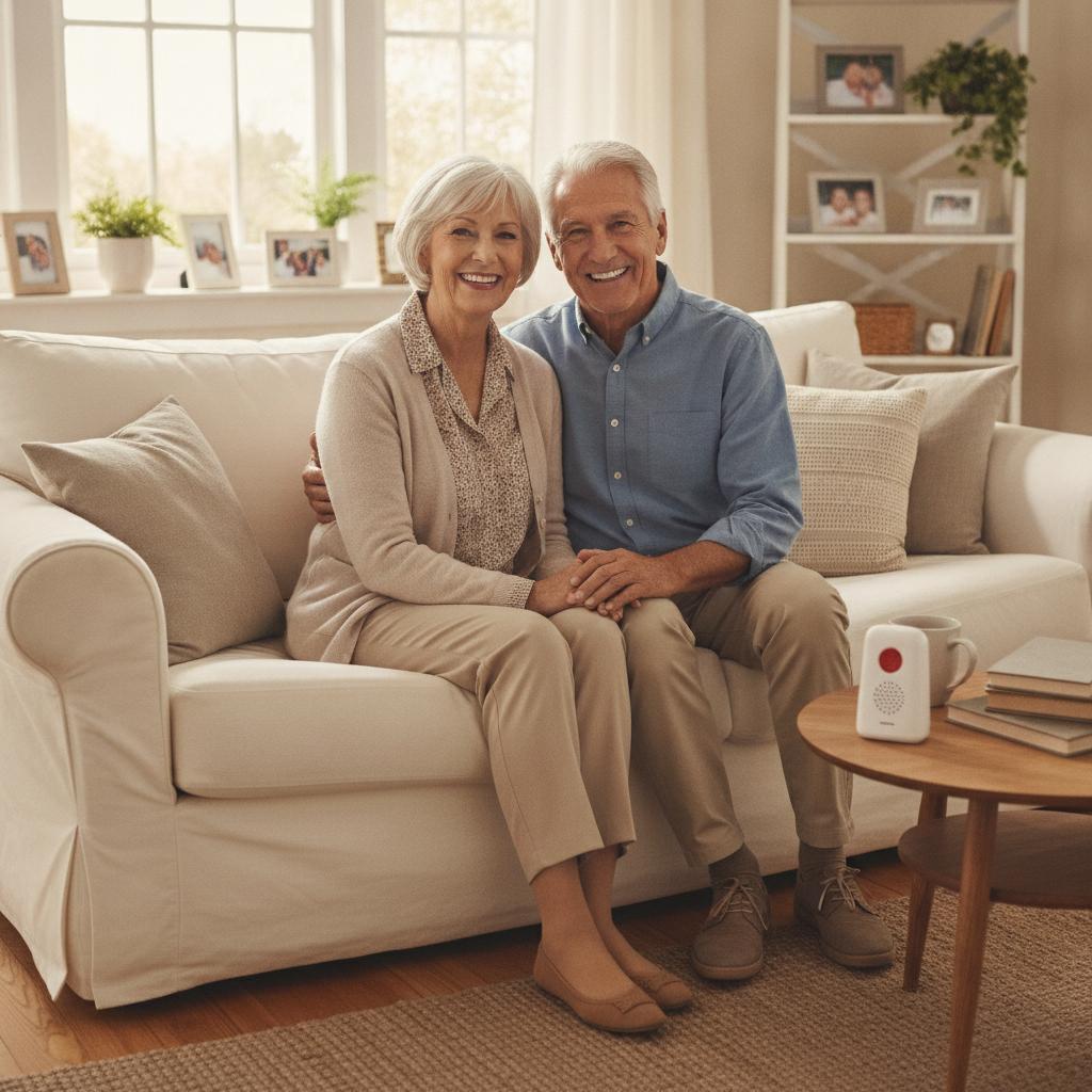 Couple de seniors dans un salon confortable avec bouton d'appel d'urgence