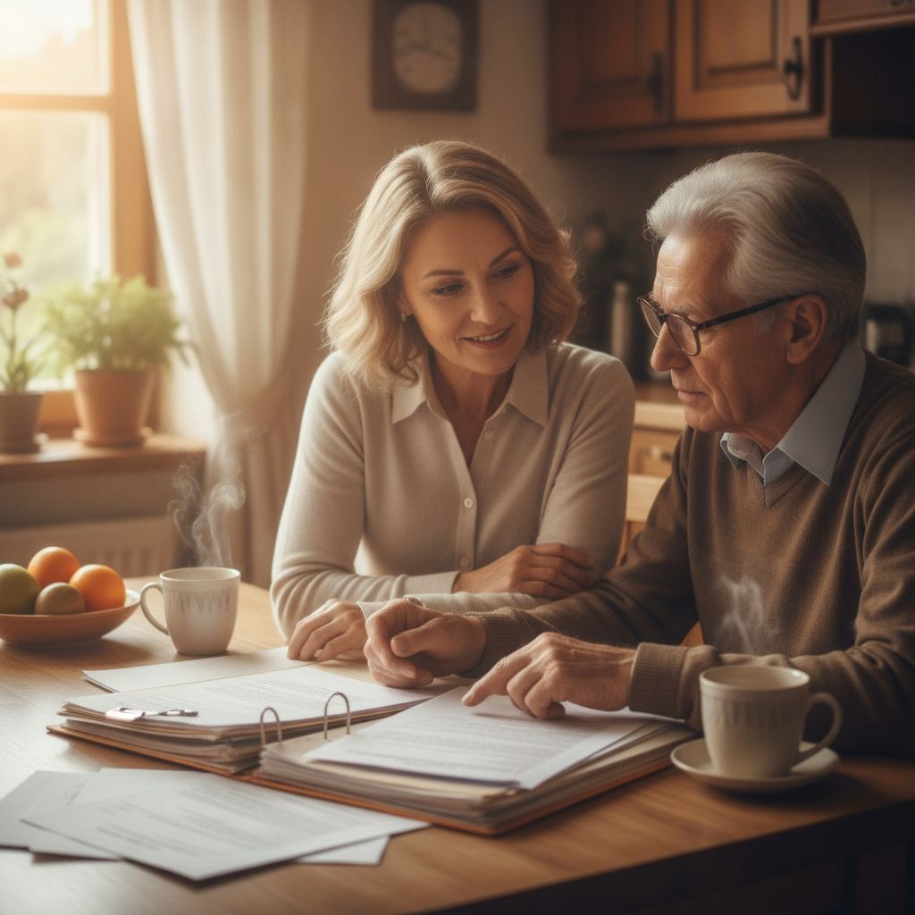 fille adulte aidant son parent age avec des papiers administratifs