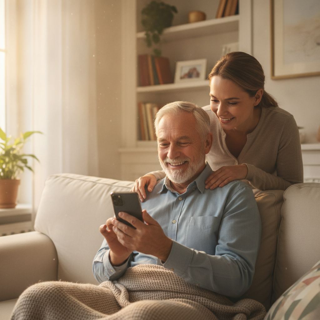 senior aide par sa fille pour regler son smartphone
