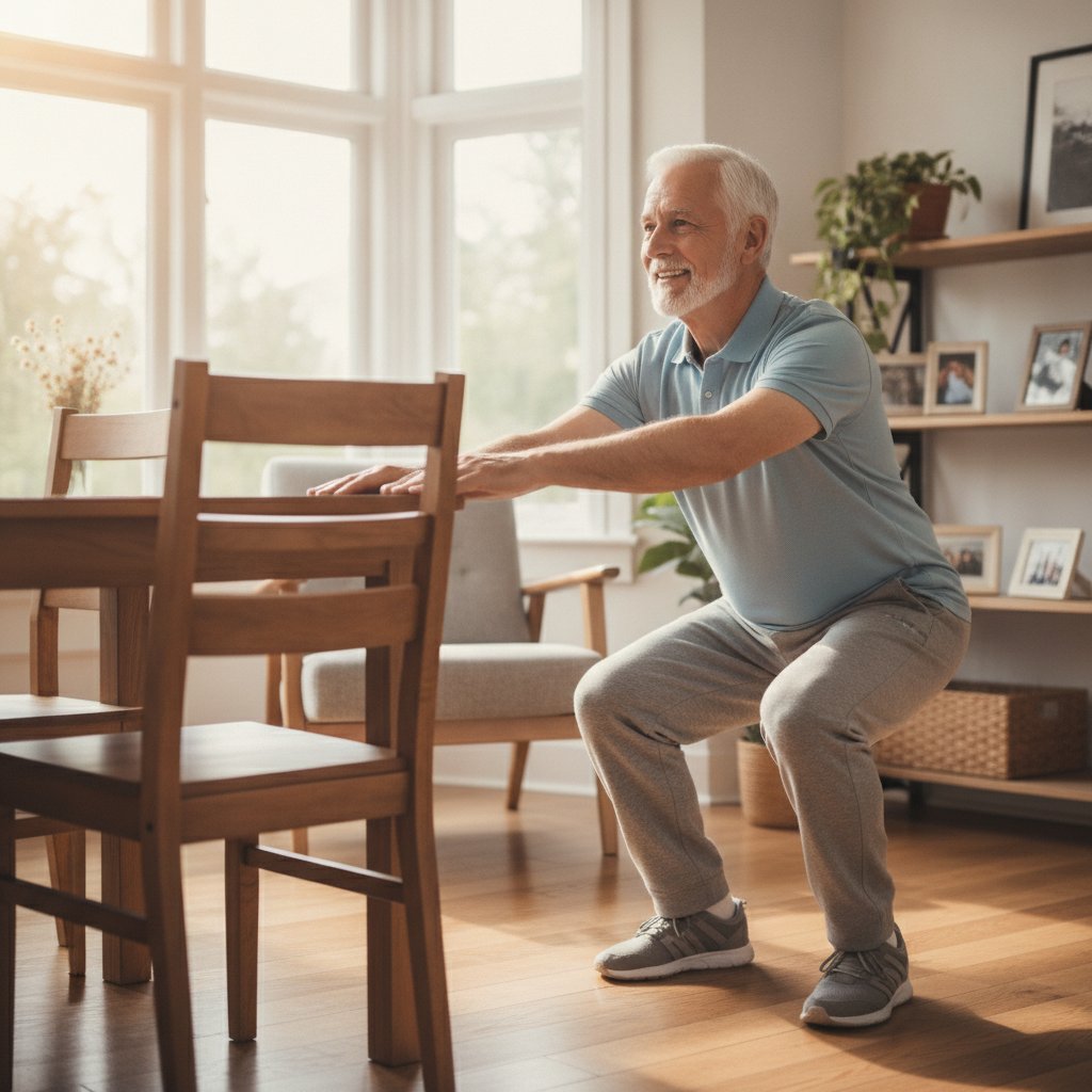 senior exercice squat avec appui chaise