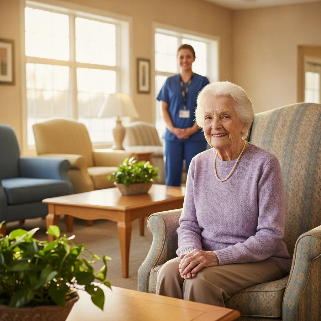 personne agee souriante dans une maison de retraite lumineuse