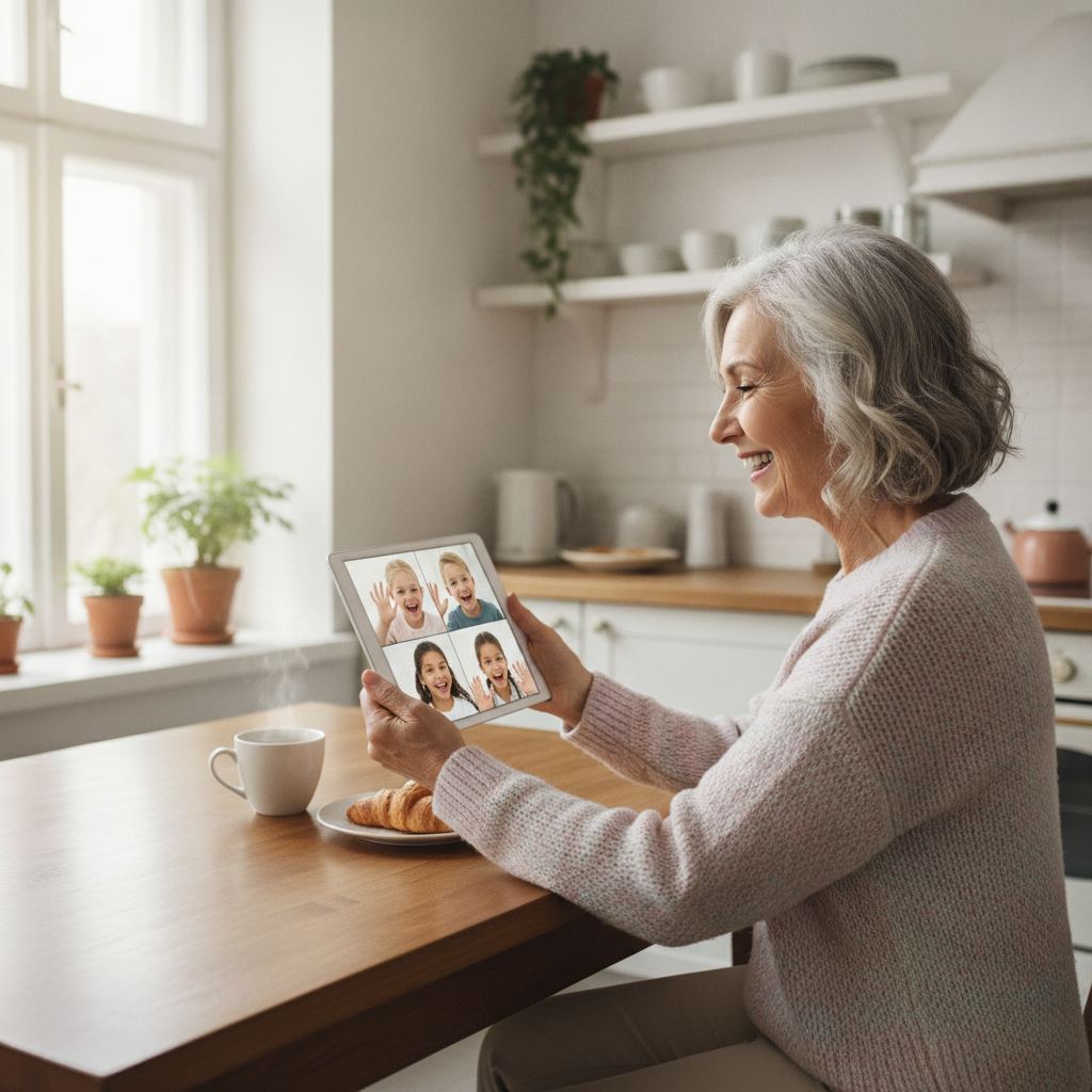 senior en appel video avec ses petits-enfants sur tablette