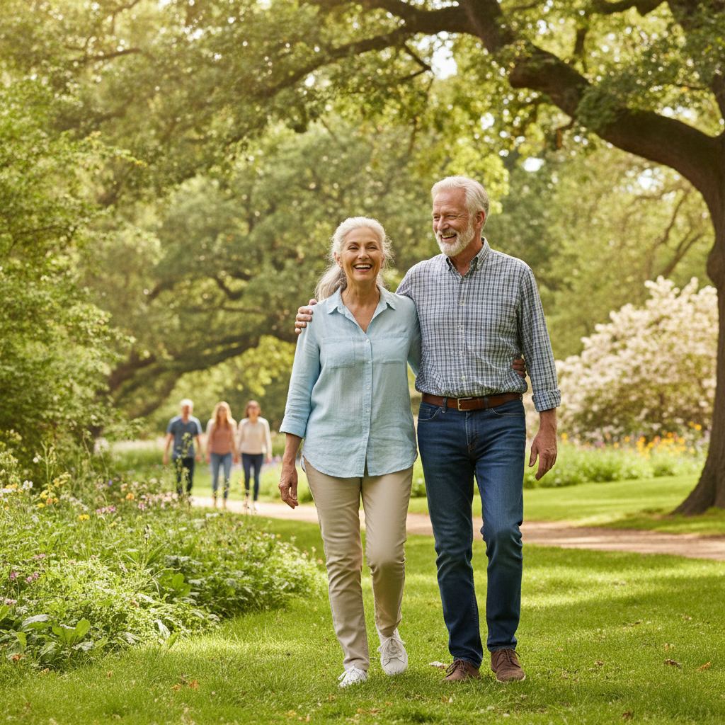 Couple de retraités marchant dans un parc ensoleillé au grand air