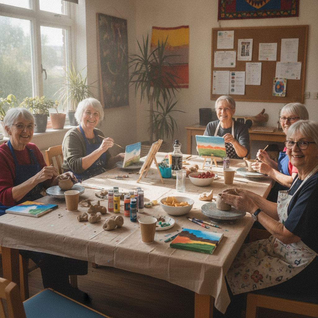 Groupe de seniors souriants partageant un atelier créatif convivial