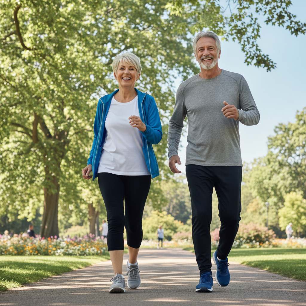 Couple de seniors actifs marchant dans un parc