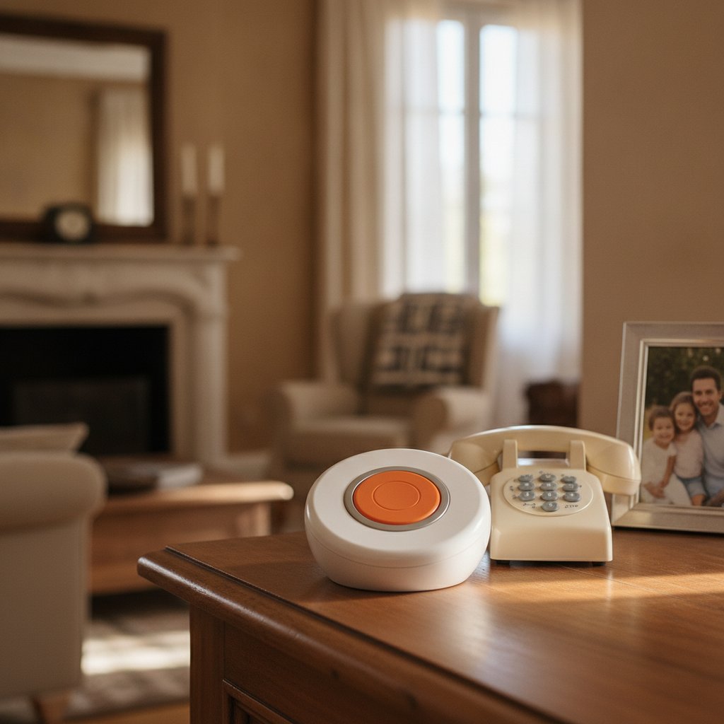 Boîtier de téléassistance branché dans un salon avec bouton d appel