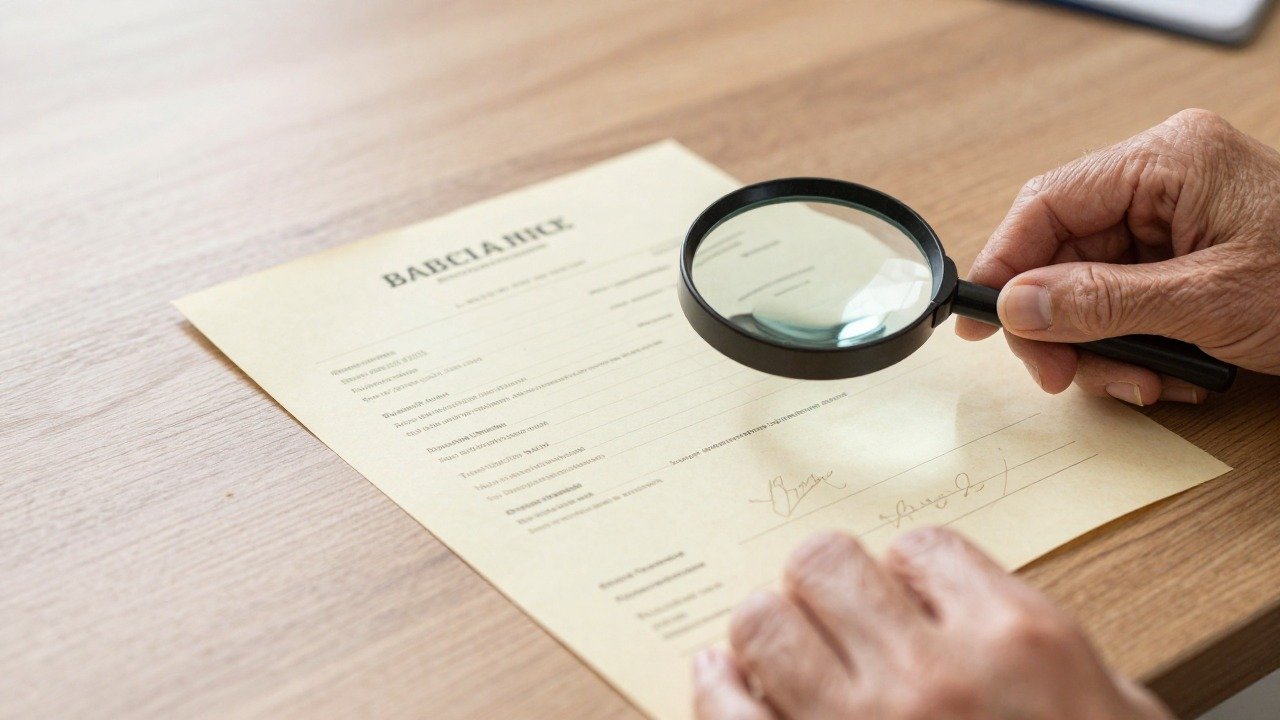 Mains de femme tenant un vieil acte de naissance avec une loupe pour une généalogie de débutant