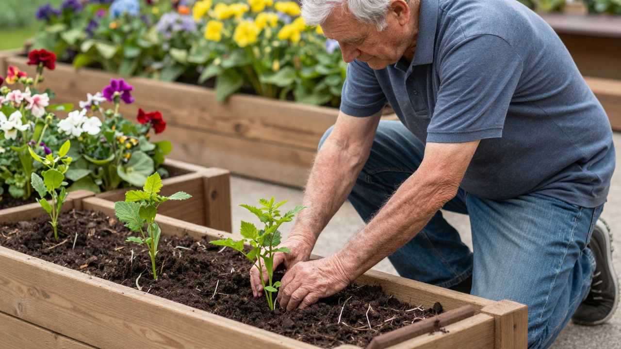 Homme senior plantant des semis dans un potager surélevé à hauteur de taille