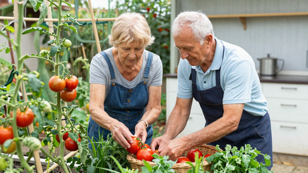 Couple de seniors récoltant tomates et aromatiques dans un potager